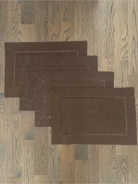 Set of 4 Vintage Rectangular Linen Blend Hemstitch Placemats in Brown 20"x14"